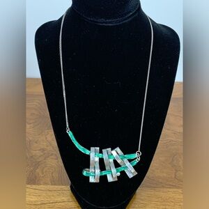 Necklace Signed NES Designer Abstract Modernist Brutalist Green Silver Toned